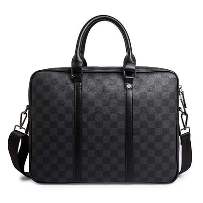 Business Briefcase Men Black Plaid PU Leather Zipper Waterproof Handbag Shoulder Bag Crossbody Bags