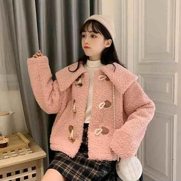 Autumn and Winter All-match Big Lapel Horn Buckle Loose Lamb Fur Coat Fur One Coat Women