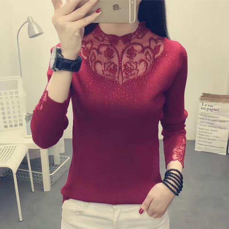 Knit Sweater Slim-fit Sweater Women Autumn and Winter Fashion Outer Wear Lace Collar Bottoming Shirt Young Women Long-sleeved Top