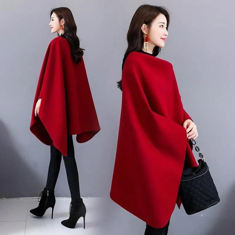 Woolen Coat Women's Cloak-style Coat Cardigan Woolen Coat Irregular Shawl Temperament Versatile Warm and Comfortable Wrap
