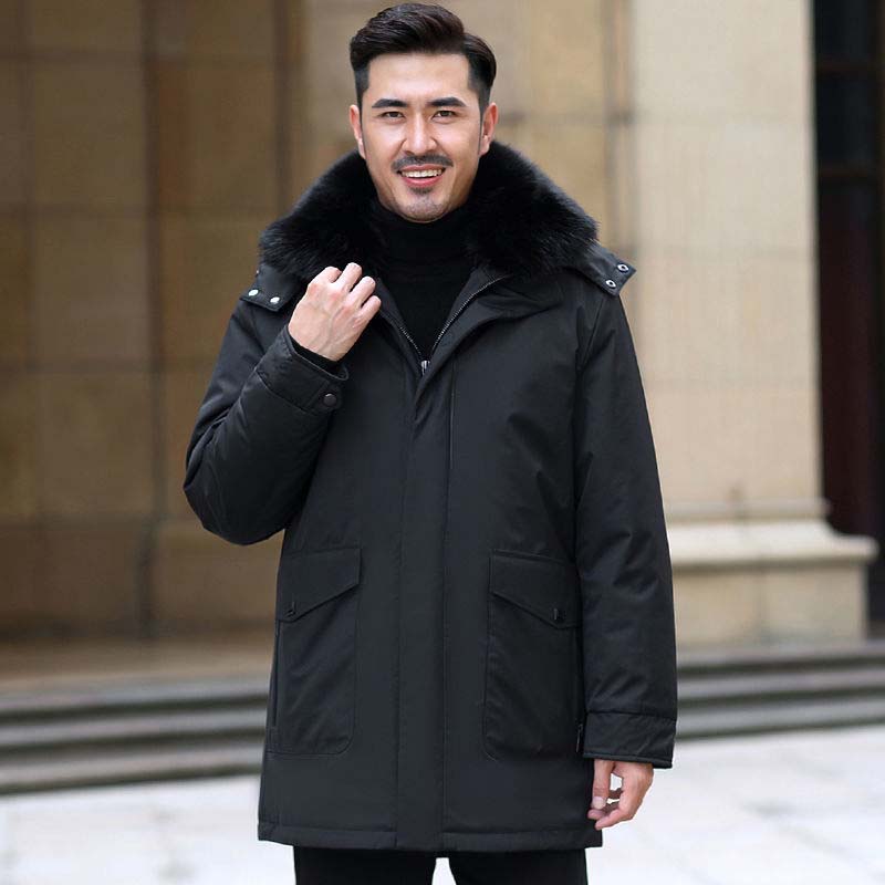 Down Jacket Men's Mid-length Thick Fox Fur Collar Winter Warm Hooded Jacket