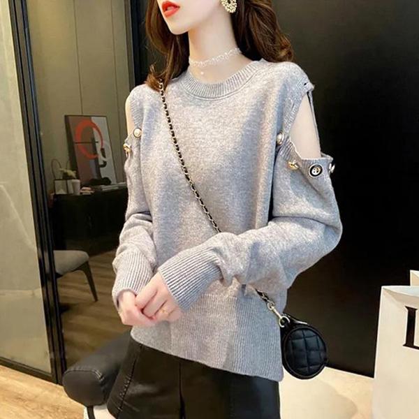 Off-the-shoulder Two-wear Pullover Solid Color Loose Knit Sweater Women's College Style Round Neck Top