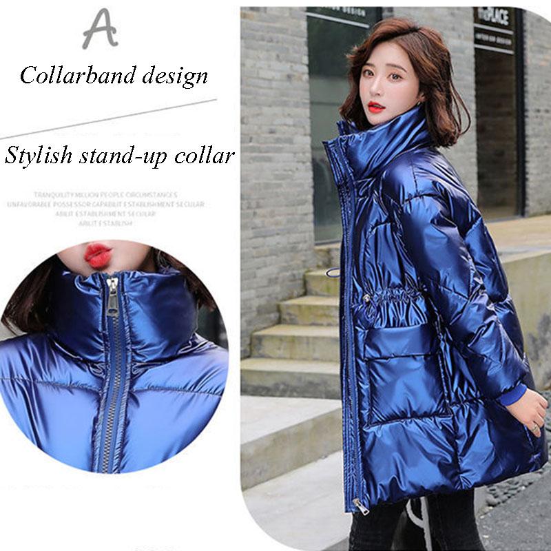 Women's Winter Coats Fashion Glossy Stand Collar Parkas Waterproof Shiny Winter Jacket Women Drawstring Padded Cotton Coat Outwear
