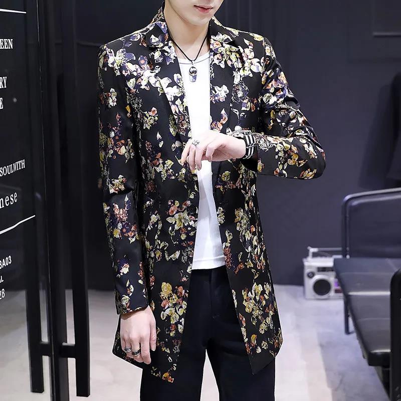 Trend Floral Print Windbreaker Spring Casual Slim Coat V-neck Business Suit Parka Long