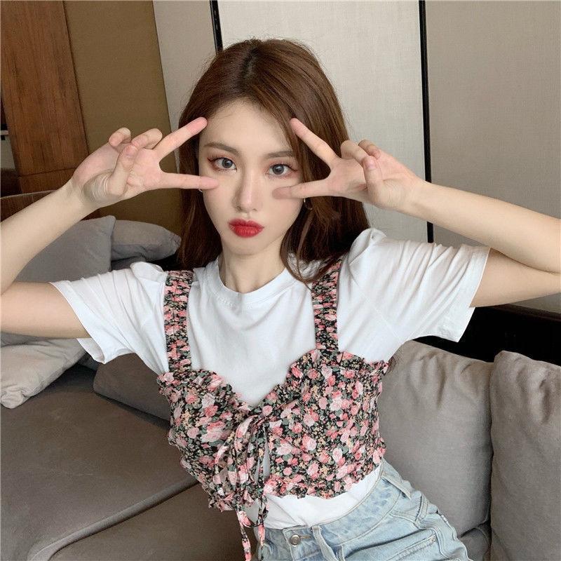 Summer Korean Version  The White Simple Short-sleeved T-shirt Plus Sweet Floral Sling Two-piece Jacket Women