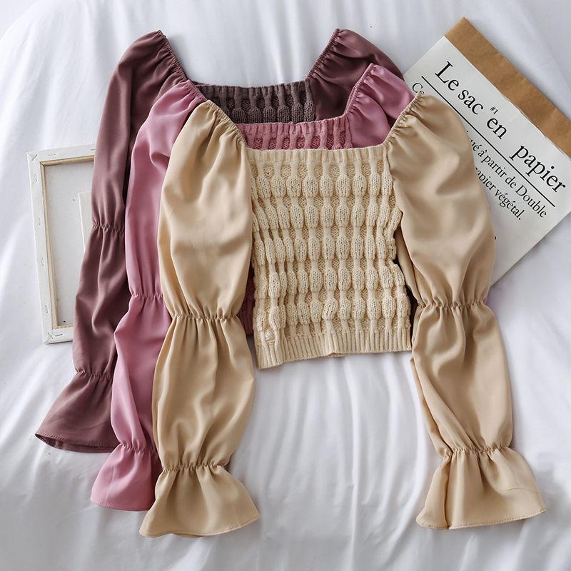 Pofulove Sexy Strapless Pullover Long-Sleeve Short Sweater Women Open Navel Slim Waist Knitwear