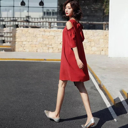 Summer Loose Strapless Bowknot Dress Loose and Thin Skirt Women's Mid-length Round Neck Strapless Simple Loose Dress Casual and Comfortable