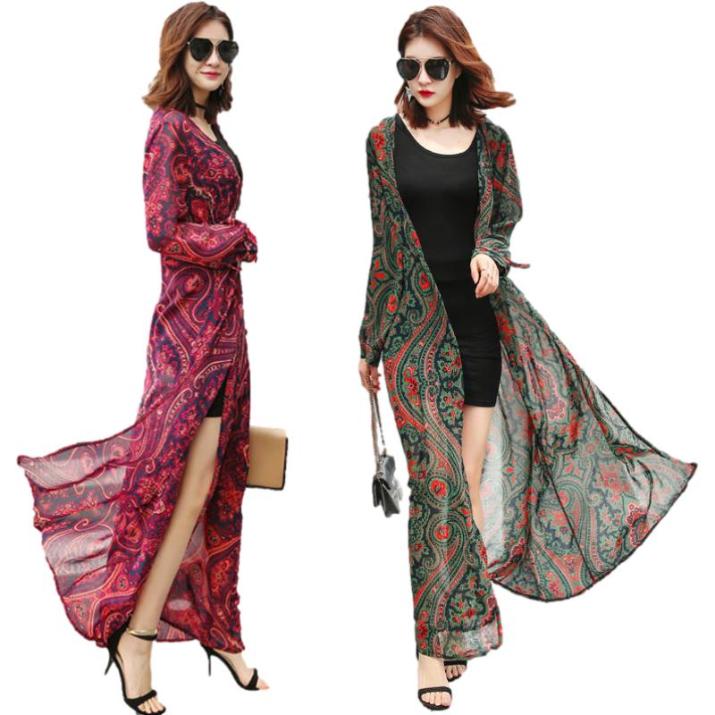 Women's Ethnic Style Sun-Dress Mid-length Plus Size Shawl Loose Outer Chiffon Cardigan Thin Coat Beach