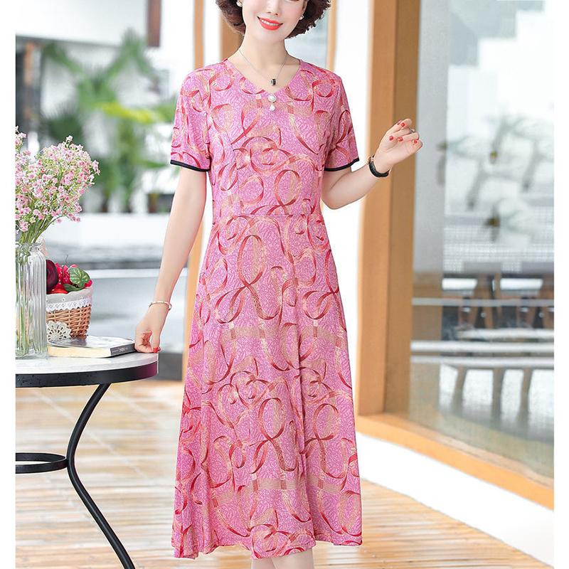 XL-XXXXXL Plus Size Summer Mid-length Printed Floral Ruffle Have Pockets Over-the-knee Dress V-Neck Short Sleeve A-line Skirt