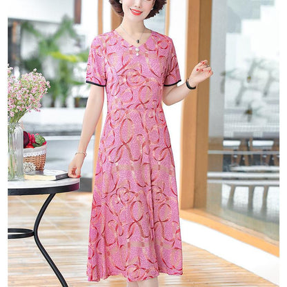 XL-XXXXXL Plus Size Summer Mid-length Printed Floral Ruffle Have Pockets Over-the-knee Dress V-Neck Short Sleeve A-line Skirt