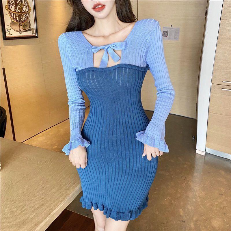 Sweet Wood Ear Knitted Skirt Autumn Stitching Contrast Color Exposed Clavicle Dress