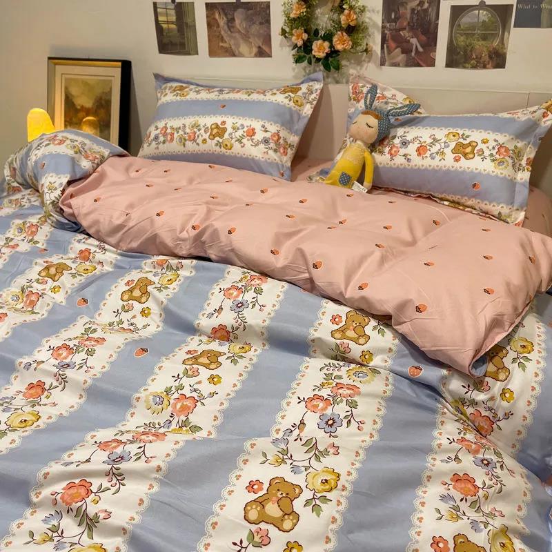 Washed Cotton Four-piece Duvet Cover Sheets Fashion Printed Bedding Student Dormitory Single Bed Sheet Sheets