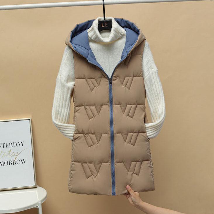 Women's Autumn and Winter Solid Color Loose Vest Hooded Long Reversible Vest Jacket Cotton Padded Windproof Warm Vest