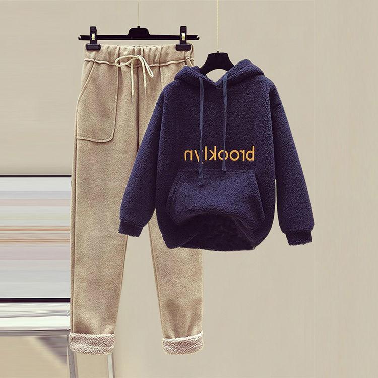 2pcs/set  Autumn Winter Fleece Hoodies Vintage Sweatshirt Two Piece Set Woman Tracksuits Jogger Pants Thick Warm Clothes