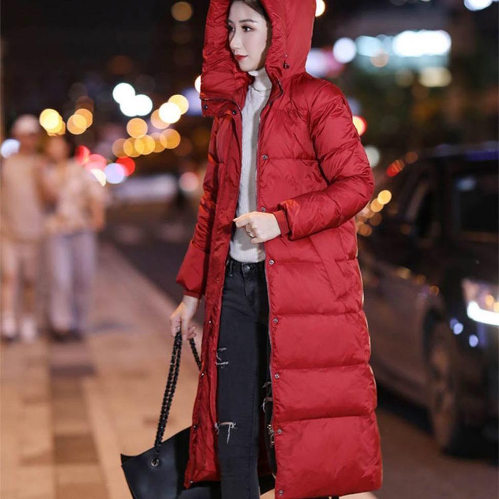 White Duck Down Jacket Women's Hooded Thickened Simple Long Over-the-knee Slim Coat
