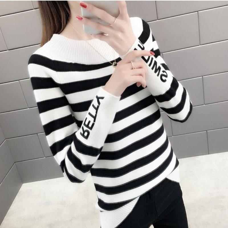 Striped Pattern Sweater Knit Slim Pullover Top for Autumn and Winter Women's Bottoming Shirt