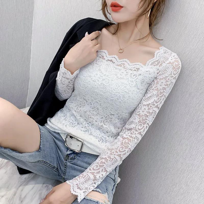 Women's Spring and Autumn Long Sleeve Lace Bottoming Shirt Square Collar Slim Top