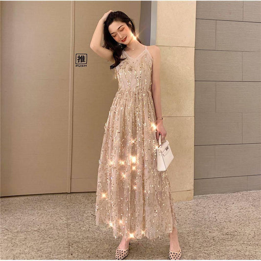 Elegant Long Sleeve Sparkle Sequin Maxi Dress Long Length Stretchy Bodycon Party Dress Gold Vestidos