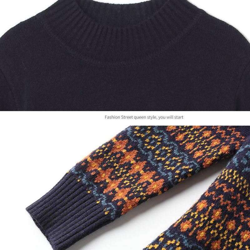 Women's Retro Rhombus Printed Sweater Long Jacquard Knitted Dress Pullover Sweater Dress with Pockets for Bottoming or Outer Wear
