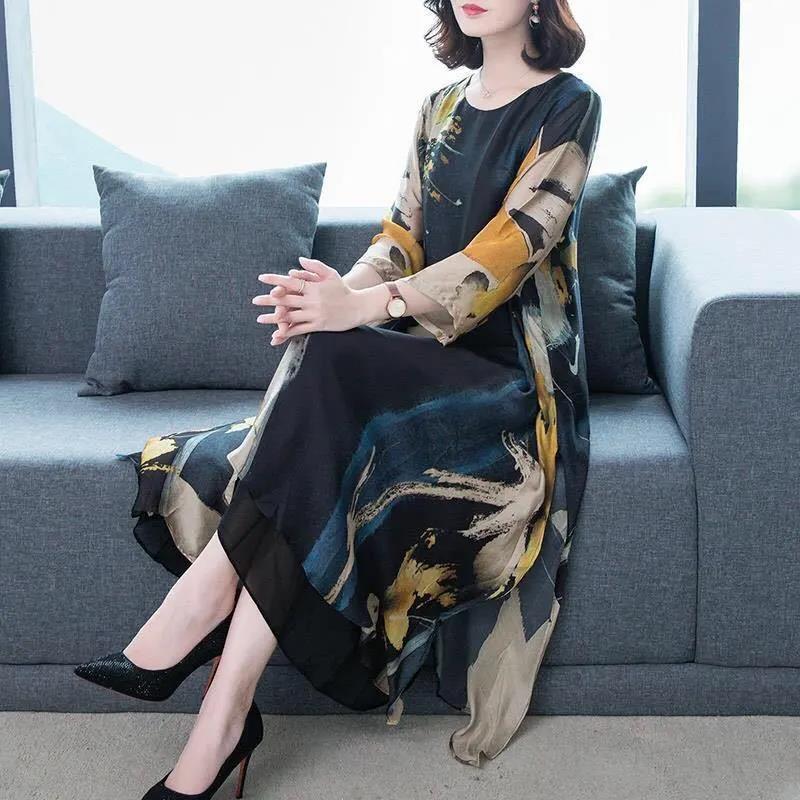 Summer Women's Dress Middle-aged Mother 3/4Sleeve Round Neck Printing Mid-length Daily Wear
