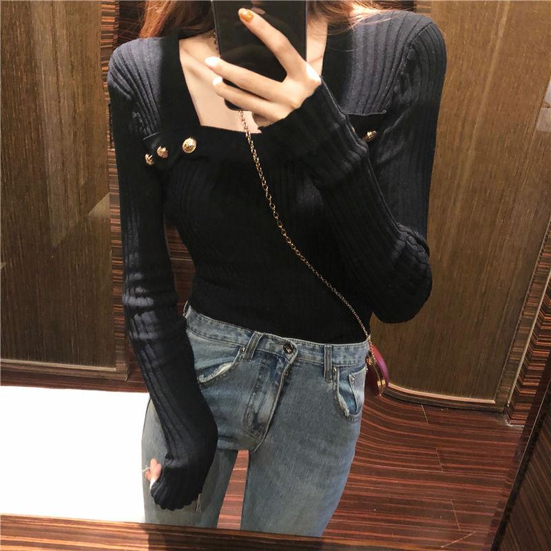 Spring and Autumn All-match Tight Top with Sexy Knit Bottoming Shirt Fashionable Slim Female Top