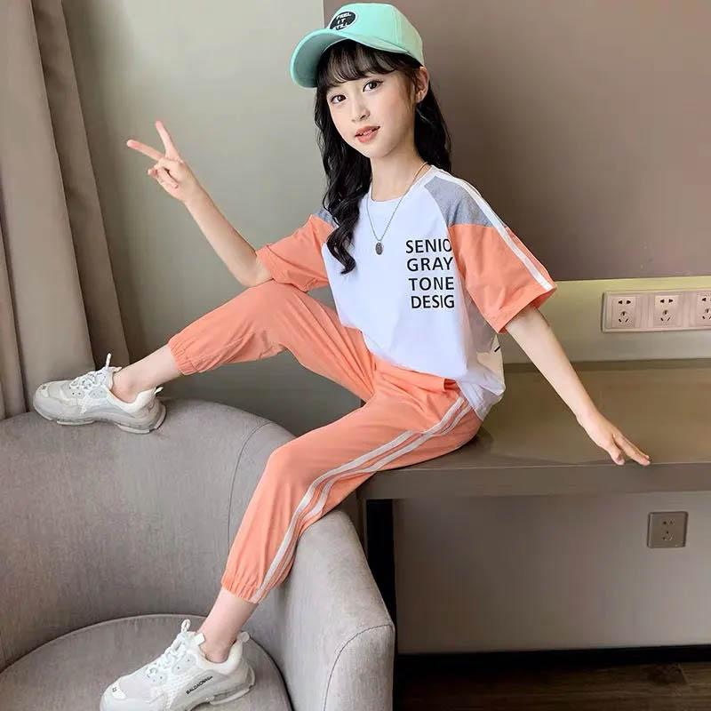 Cotton Soft Skin-friendly Girls Suit Summer Short-sleeved Trousers Suit Korean Version of The Big Children's Casual Fashion Sports Two-piece Suit