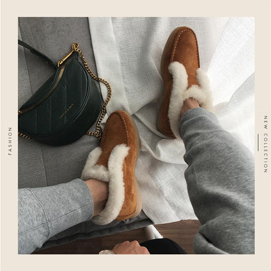 Women's Ankle Boots Mid-tube Flat Snow Boots Winter Warm Shoes Round Toe Suede Wool Blend Short Boots Low Heel Non-slip Solid Slip On Flat Shoes