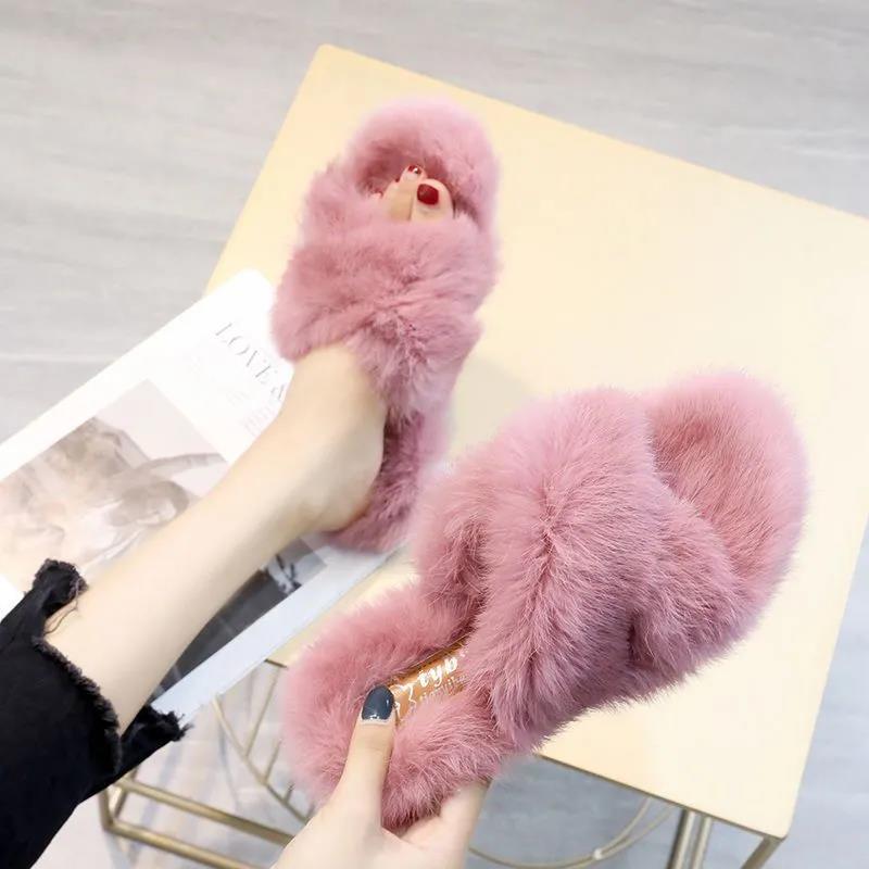 Women's Fluffy Slippers for Autumn and Winter Outer Wear Flat All-match Shoes