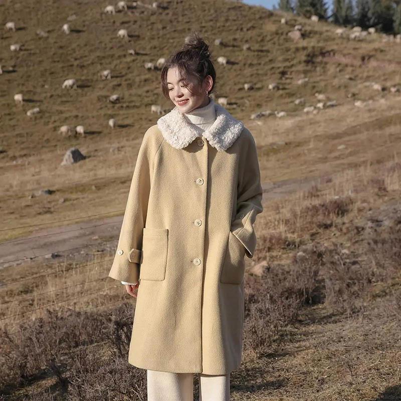 Add Cotton Thick Winter Mid-length Woolen Coat Female Lamb Hair Doll Collar Warm Woolen Coat