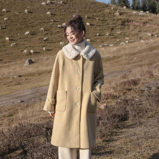 Add Cotton Thick Winter Mid-length Woolen Coat Female Lamb Hair Doll Collar Warm Woolen Coat