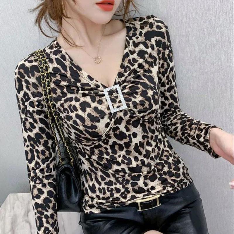 Women's Spring and Autumn Long-sleeved Bottoming Shirt Leopard Print V-neck Slim Top