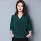 Summer Loose Large Size Simulated Silk Ladies Mid Sleeve Shirt Solid Color Bat Sleeve V-Neck Simple Blouse Casual All Match Pullover Shirts Blouses