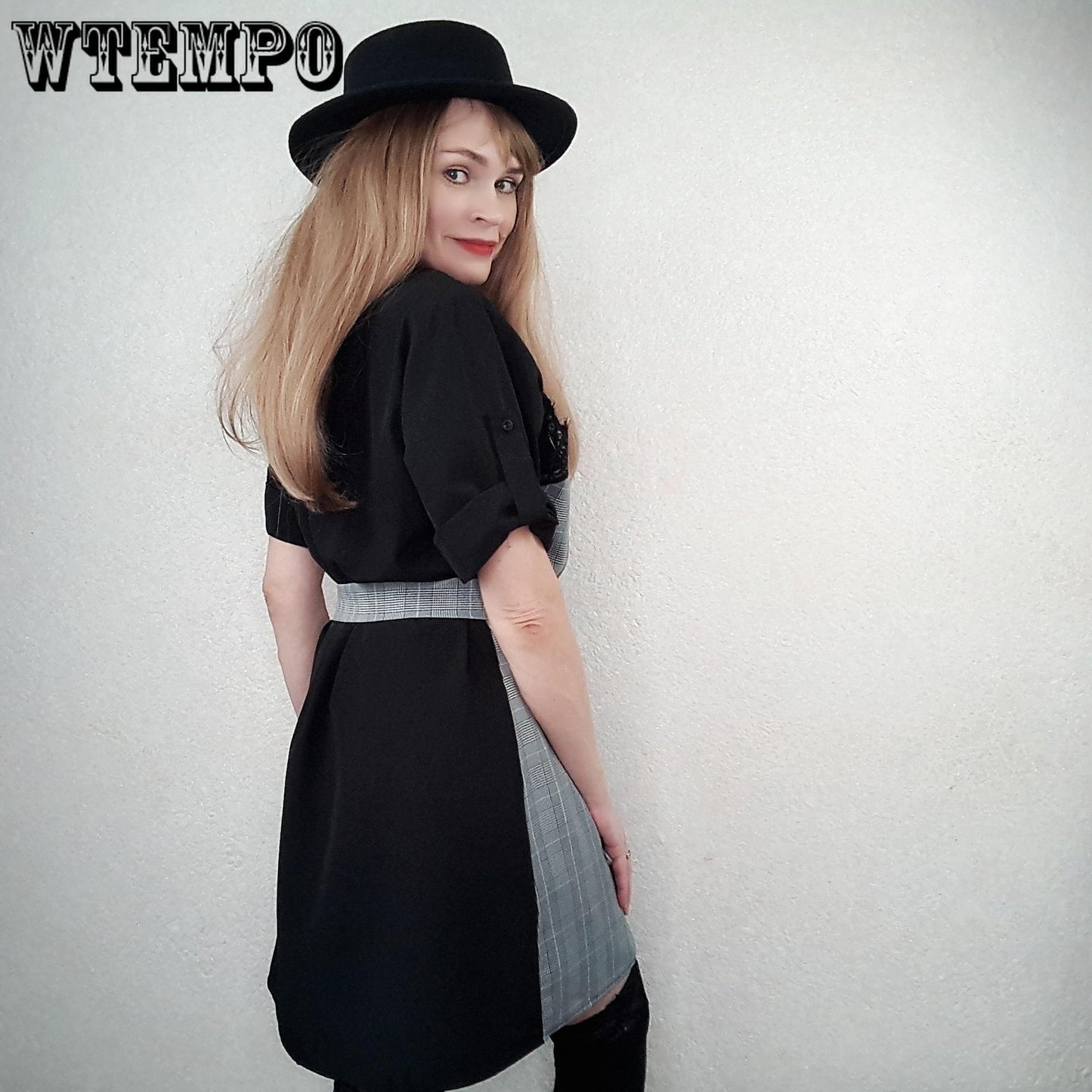 Summer Office Lady Black Dress Stitching Shirt Dress Simple Plus Size Dresses with Belt