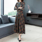 Printed Round Neck Spring Long Sleeve Dress Elastic Slim Fit Belly Long Skirt with Pocket Skirt Simple Comfortable Mid-Length A-Line Skirt