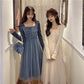 French Dress Korean Style Mid-length Long-sleeved Square Neckline Mesh  Receiving Waist Slim Skirt