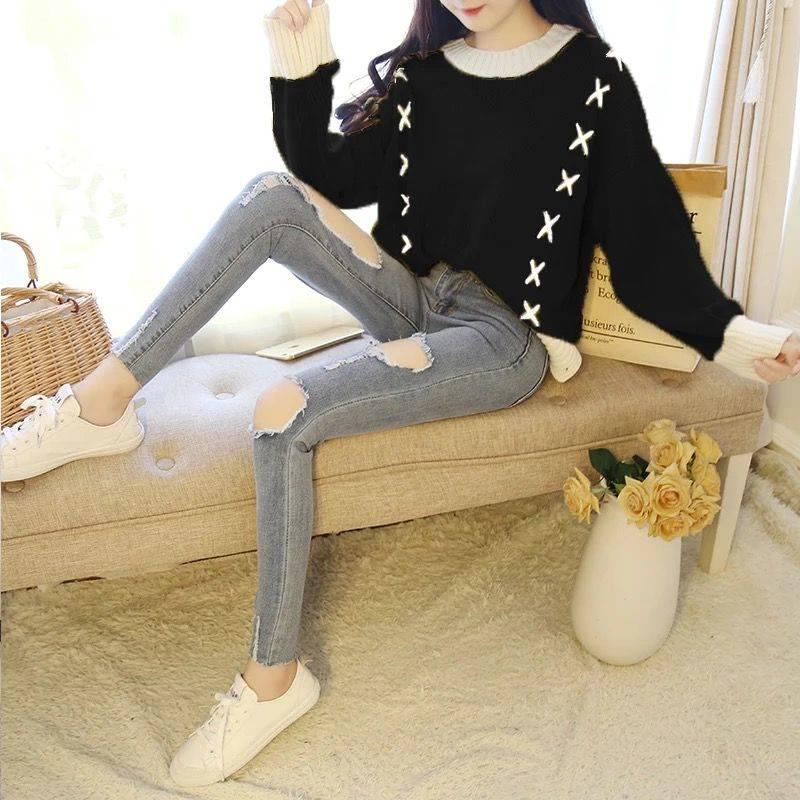 Loose Front Short Back Long Split Knitted Round Neck Jumper Short Wild Sweater Women