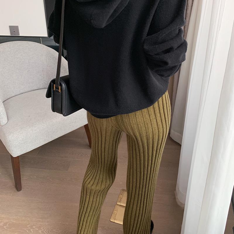 Casual Thick Knitted Women Pants Elastic High Waist Loose Female Wide Leg Pant Long Trousers 2022 Autumn Winter Striped Pantalon