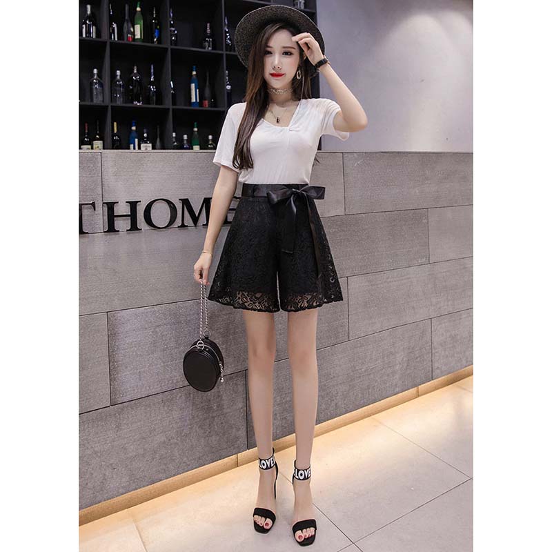 Lace Embroidered Bow Shorts Women Summer Korean Thin Wide-leg Short Pants A-line Bottoms Casual Temperament Shorts High Waist Temperament Short Pants