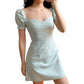 Female French Style Square Neck Vintage Waist Slim Elegant Bubble Sleeve Short Party Dress