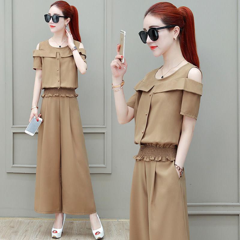 Wide-leg Pants Suit Women's Long-tube Wide-leg Pants Summer Leaky Shoulder Top Two-piece Set Waist Slimming Round Neck Strapless Shirt