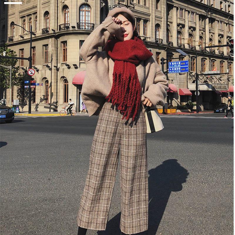 Wide-leg Pants Female Winter Korean Student Woolen Plaid Woolen Casual High-waist Drape and Thin Straight Nine-point Pants