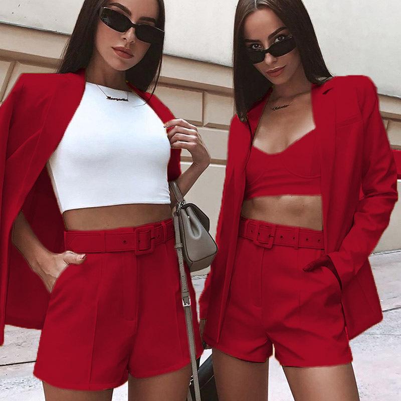 2PCS Women's Spring and Summer Casual Suits Tops Shorts Suit Suits Ladies Sexy Lapel Cardigan Personality Two-piece Professional Suit
