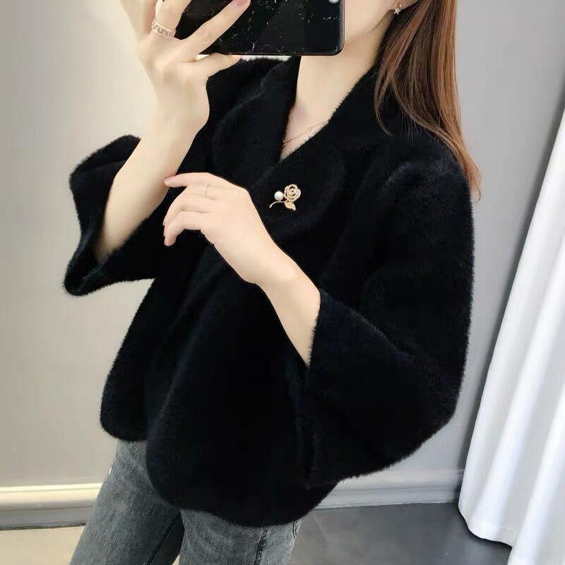 Autumn and Winter Imitation Mink Velvet Knitted Cardigan Jacket, Fashionable and Loose-fitting Short Women's Jacket