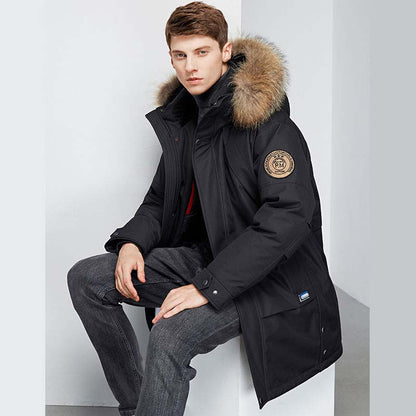 Down Jacket Men's Mid-length Plush Collar New Cold Winter Jacket Casual Hooded Down Jacket