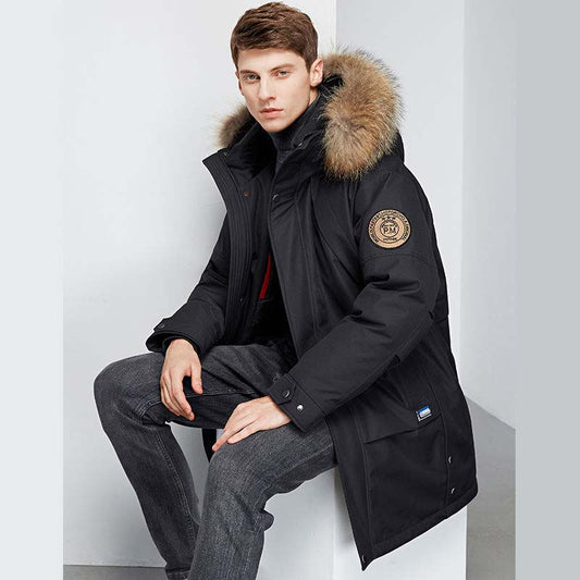 Down Jacket Men's Mid-length Plush Collar New Cold Winter Jacket Casual Hooded Down Jacket