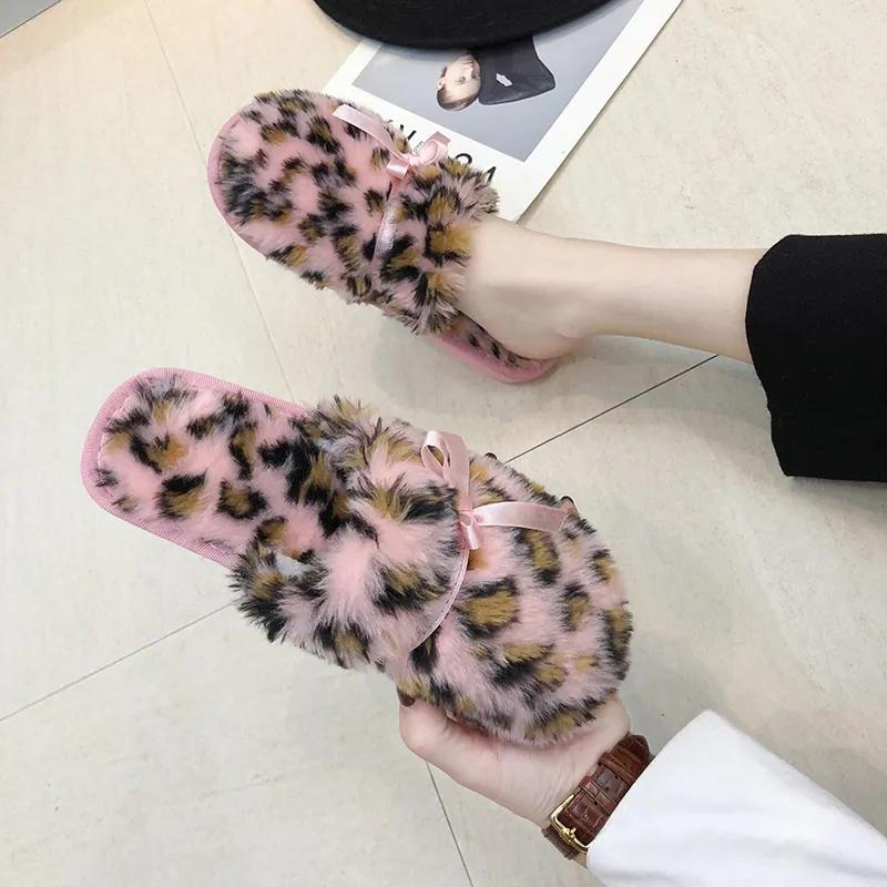 Women Slippers Fur Warm Winter Slipper Leopard Bow Furry Shoes Ins Kawaii Ladies Soft Winter Slide Plus Size 41