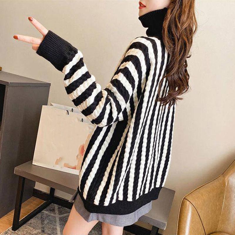Thick High Neck Vertical Striped Sweater Women's Pullover Fall Winter Loose Casual Fashion Jacket Women