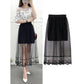 Women High Waist Scalloped Lace Trim Midi Long Skirt Lined Solid Color Irregular Hem Pleated Double Layer Sheer Mesh Skirt