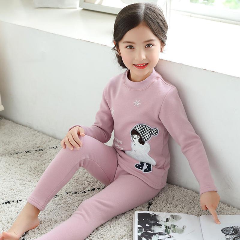 Winter Thermal Underwear Suit Little Girl Baby Pure Cotton Plus Velvet Thick Autumn Clothes Long Trousers