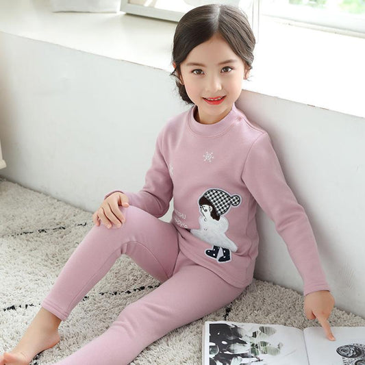 Winter Thermal Underwear Suit Little Girl Baby Pure Cotton Plus Velvet Thick Autumn Clothes Long Trousers